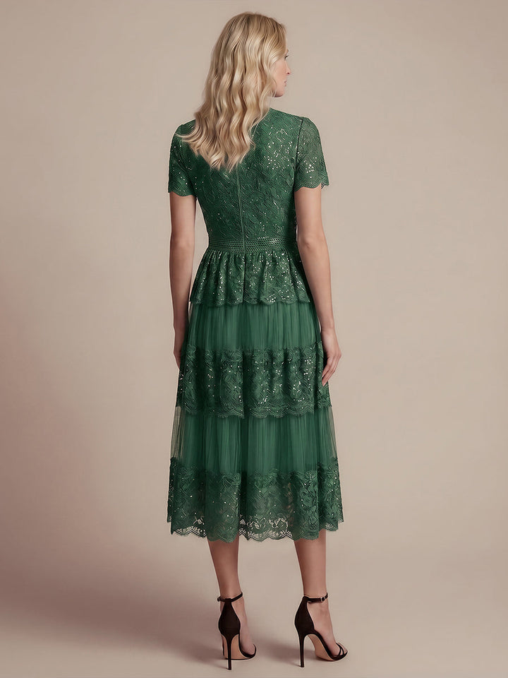 Lace Ruffle Sleeve A-Line Wedding Guest Dress