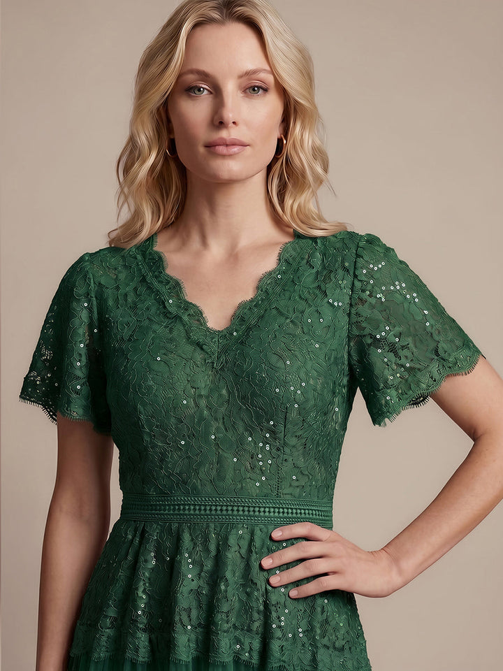 Lace Ruffle Sleeve A-Line Wedding Guest Dress