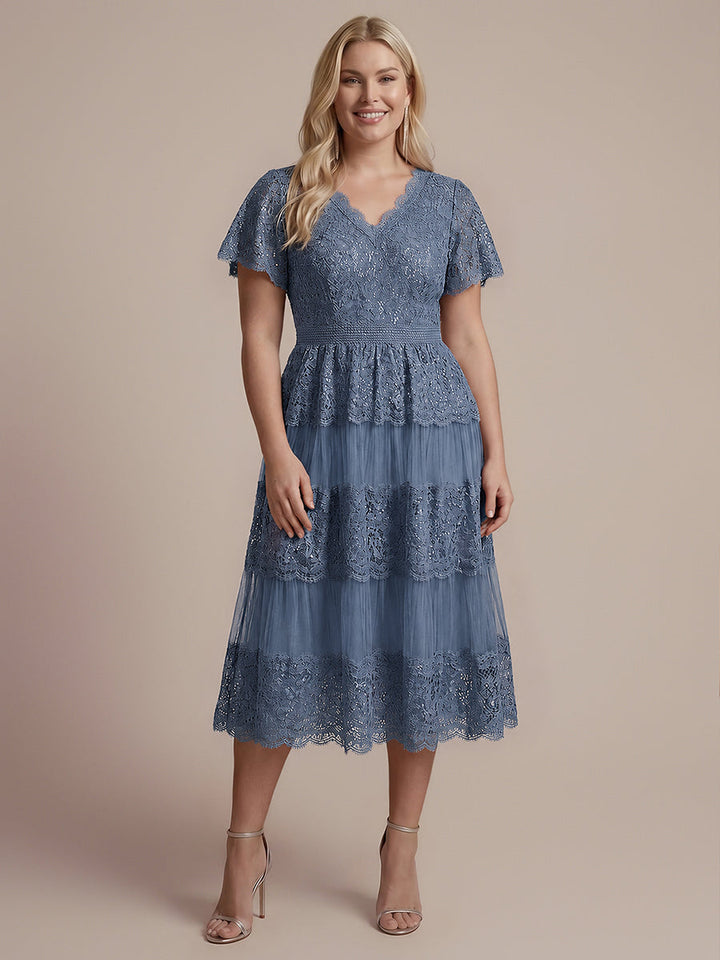 Lace Ruffle Sleeve A-Line Wedding Guest Dress