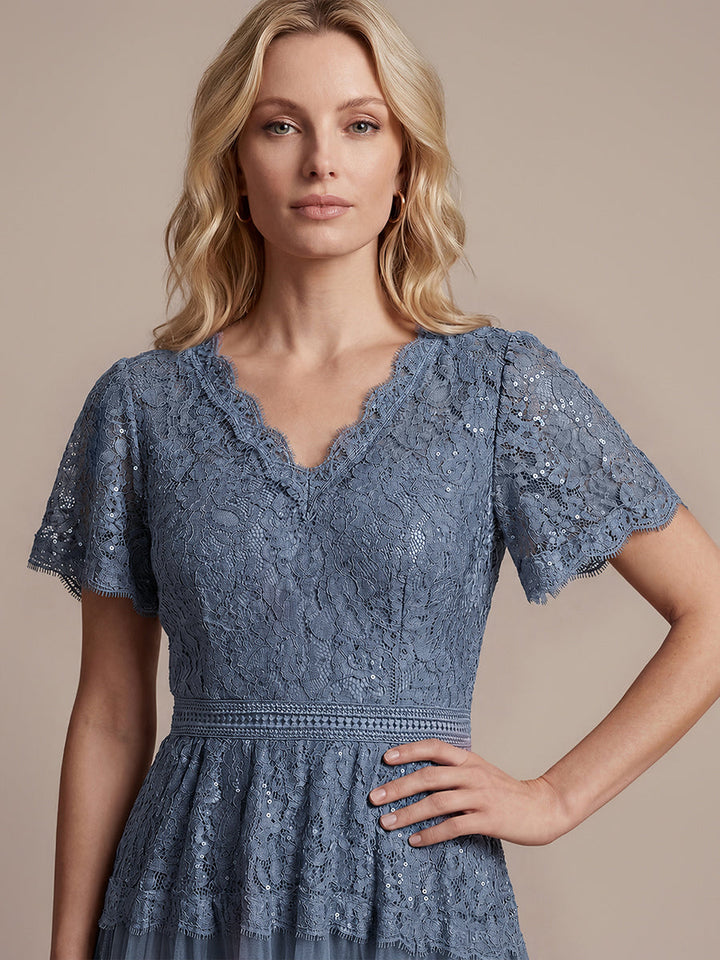 Lace Ruffle Sleeve A-Line Wedding Guest Dress