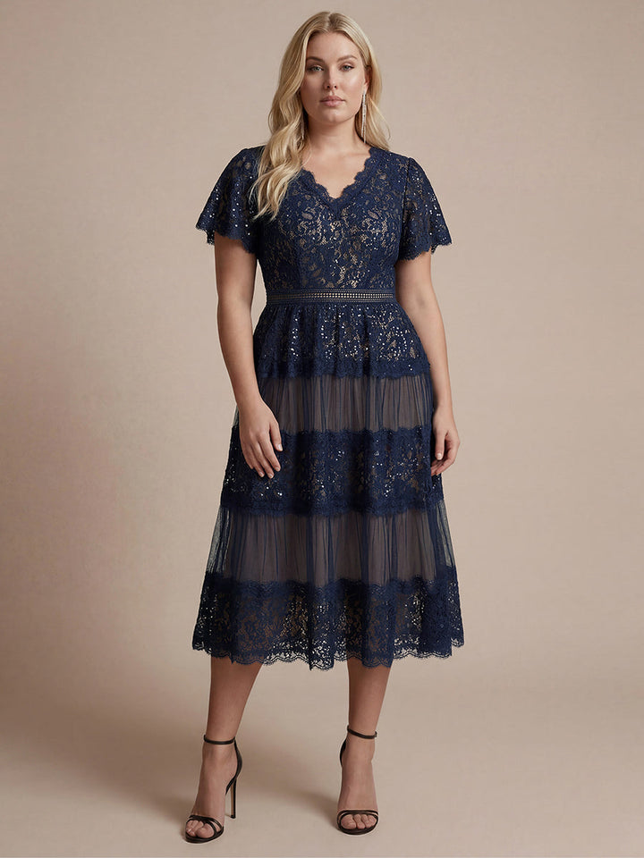 Lace Ruffle Sleeve A-Line Wedding Guest Dress