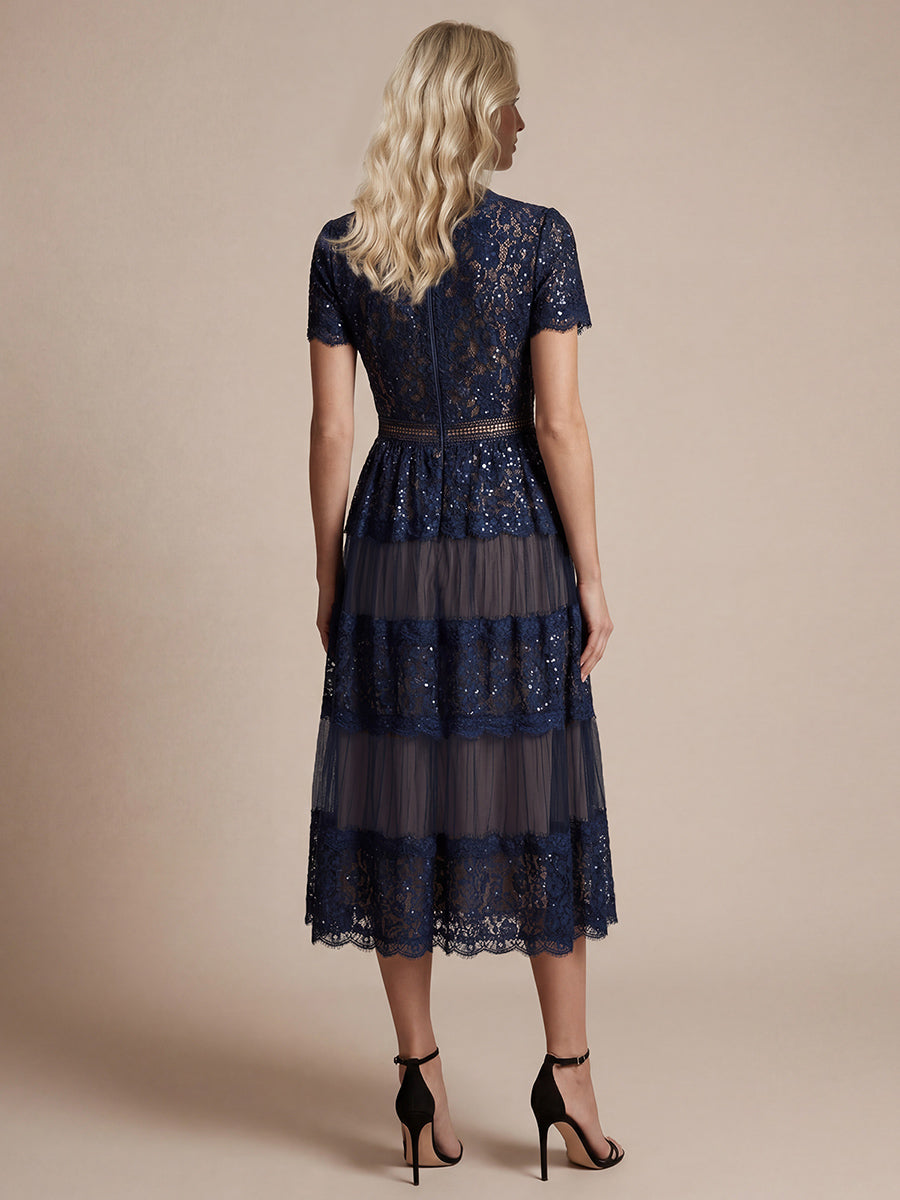 Lace Ruffle Sleeve A-Line Wedding Guest Dress