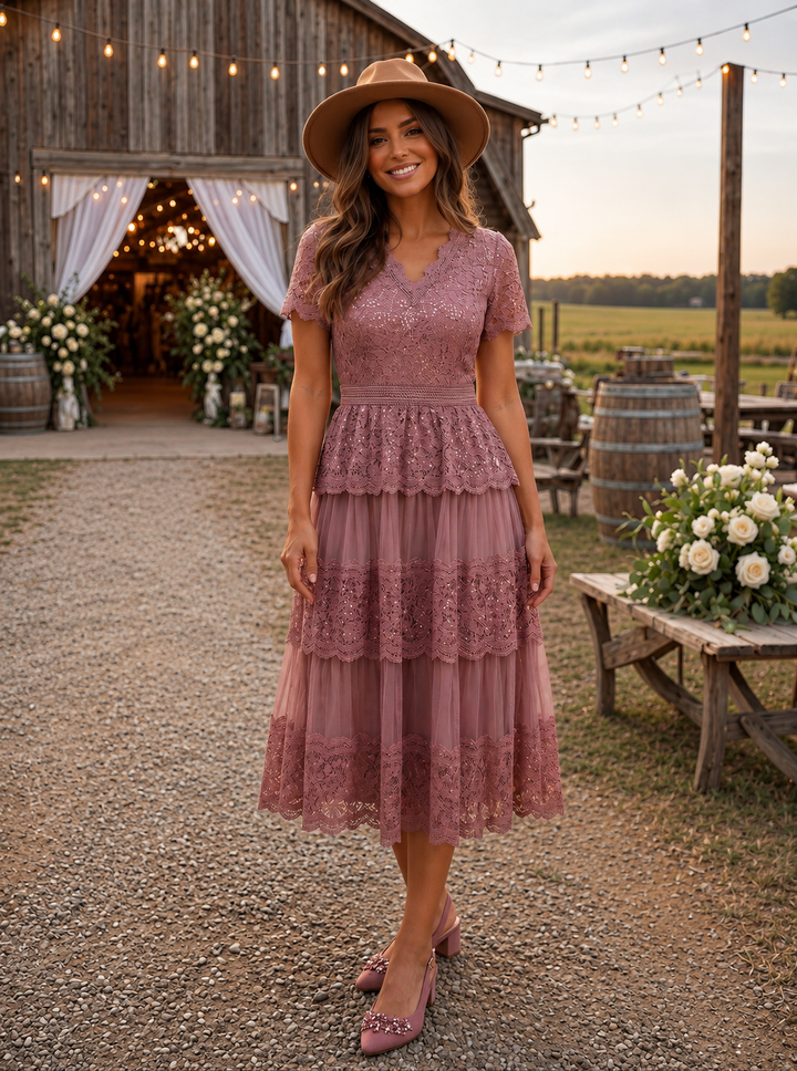 Lace Ruffle Sleeve A-Line Wedding Guest Dress