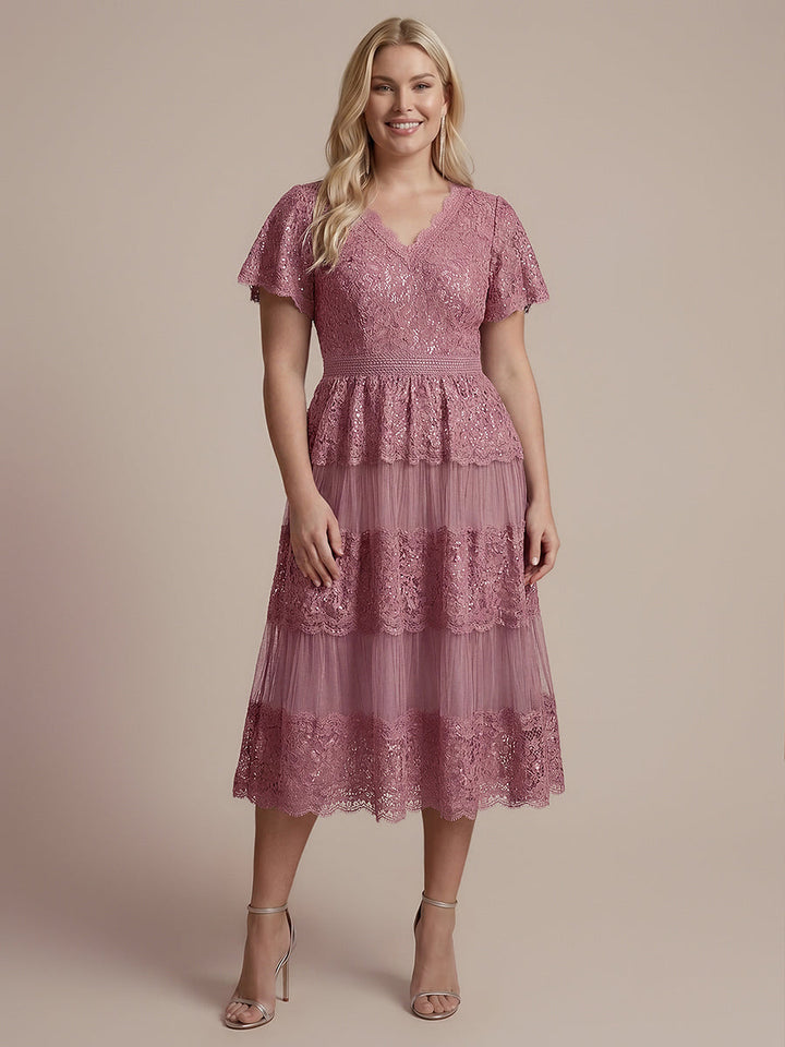 Lace Ruffle Sleeve A-Line Wedding Guest Dress