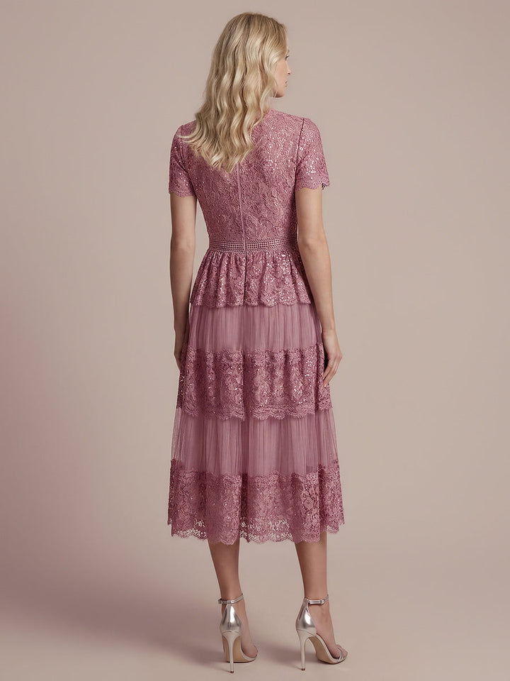 Lace Ruffle Sleeve A-Line Wedding Guest Dress