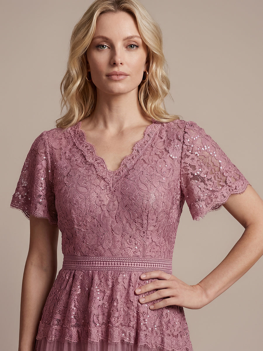 Lace Ruffle Sleeve A-Line Wedding Guest Dress