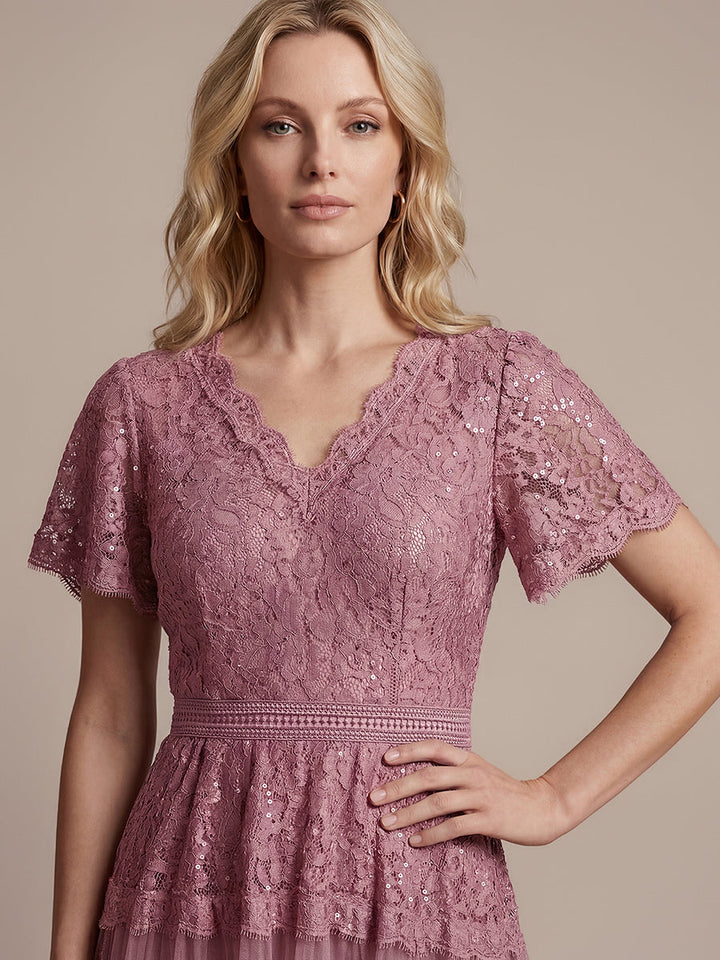 Lace Ruffle Sleeve A-Line Wedding Guest Dress
