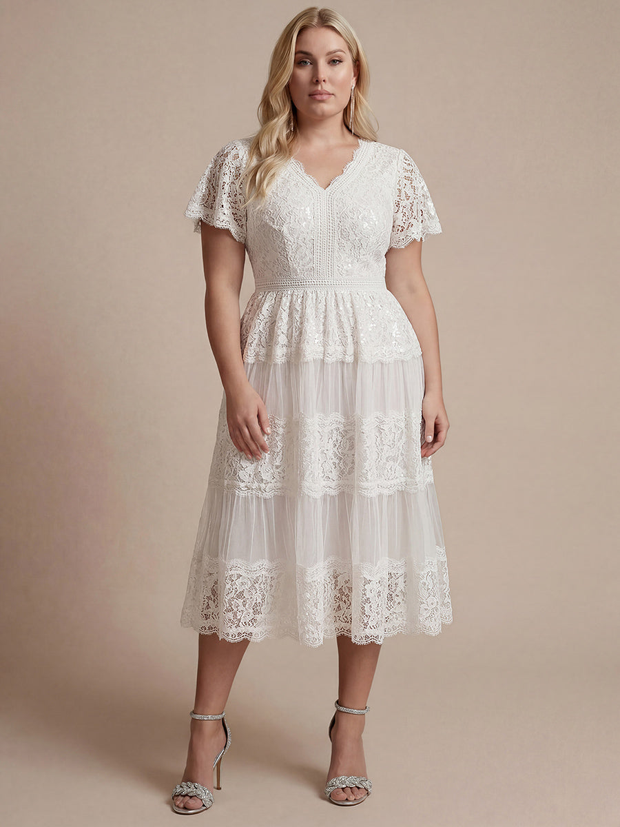 Lace Ruffle Sleeve A-Line Wedding Guest Dress
