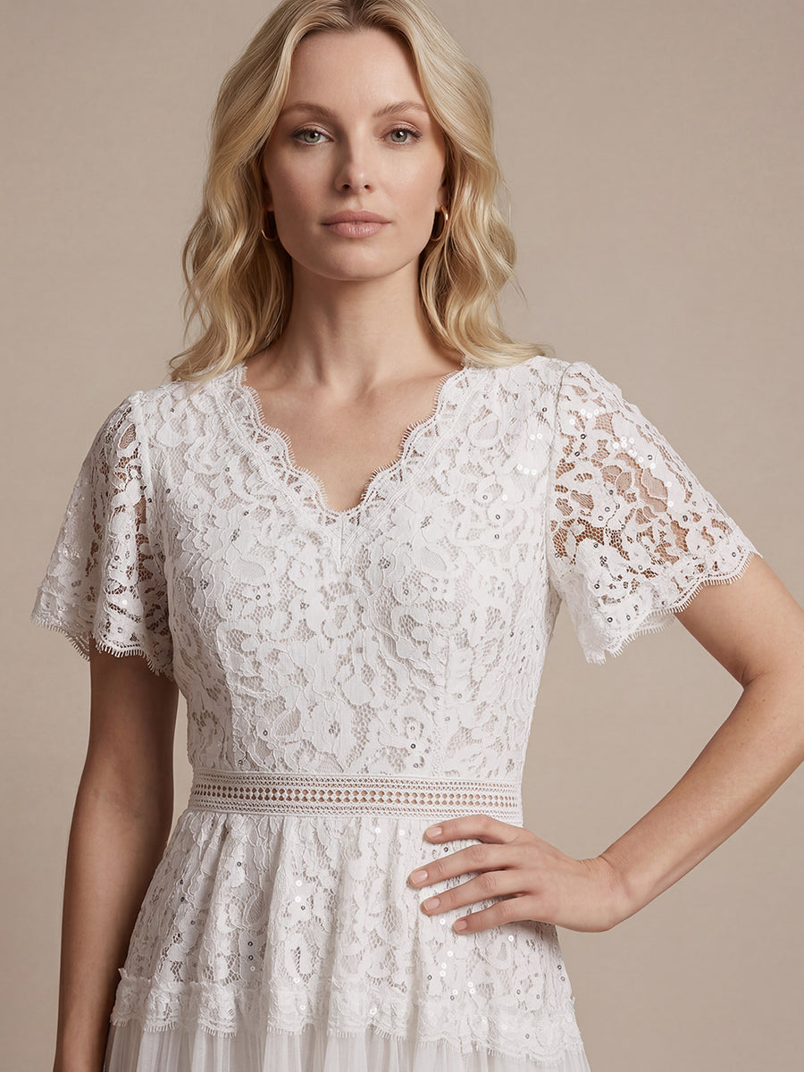 Lace Ruffle Sleeve A-Line Wedding Guest Dress