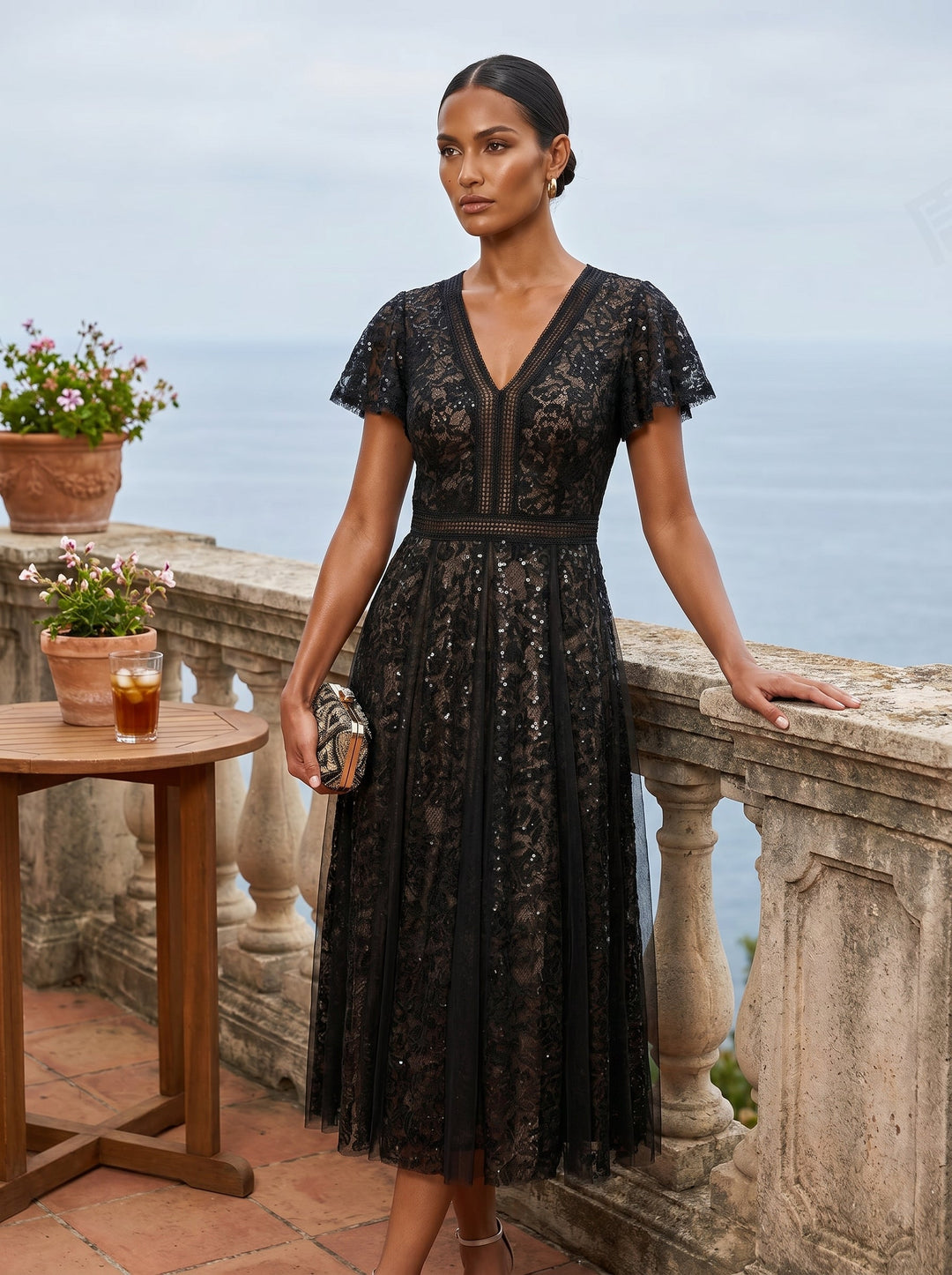 Lace Flutter Sleeve A-Line Wedding Guest Dress