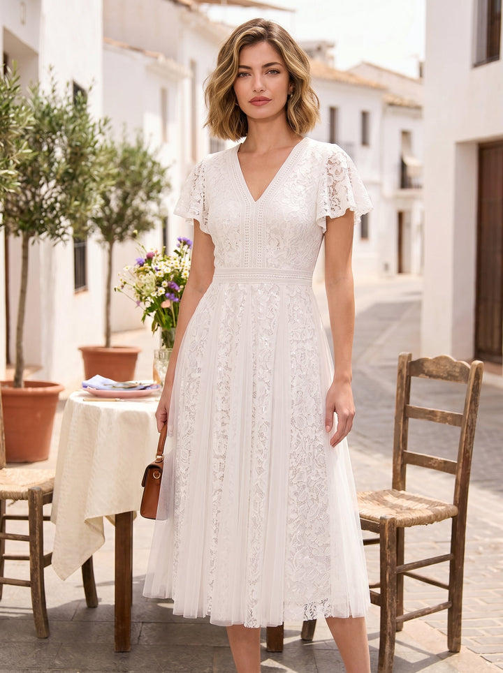 Lace Flutter Sleeve A-Line Wedding Guest Dress