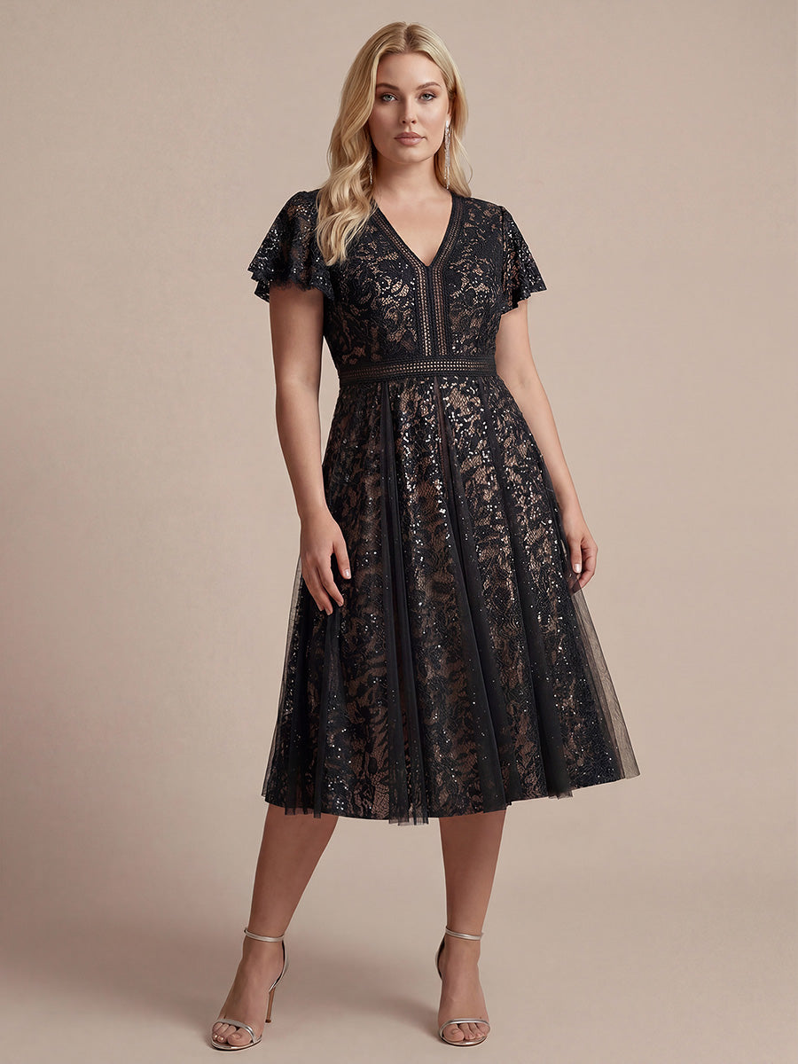 Plus Size Lace Ruffle Sleeve Wedding Guest Dress