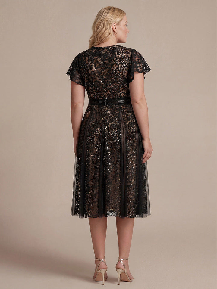 Lace Flutter Sleeve A-Line Wedding Guest Dress