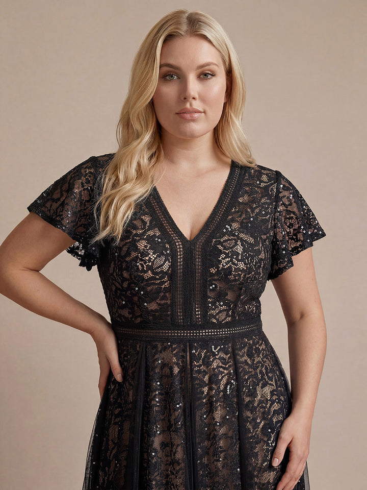 Lace Flutter Sleeve A-Line Wedding Guest Dress