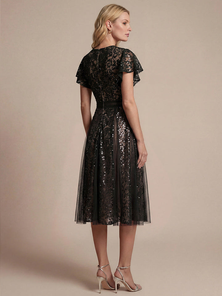 Lace Flutter Sleeve A-Line Wedding Guest Dress