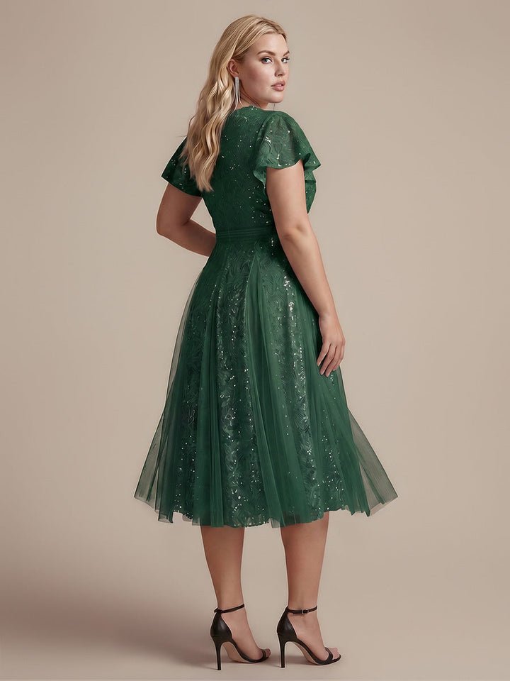 Lace Flutter Sleeve A-Line Wedding Guest Dress