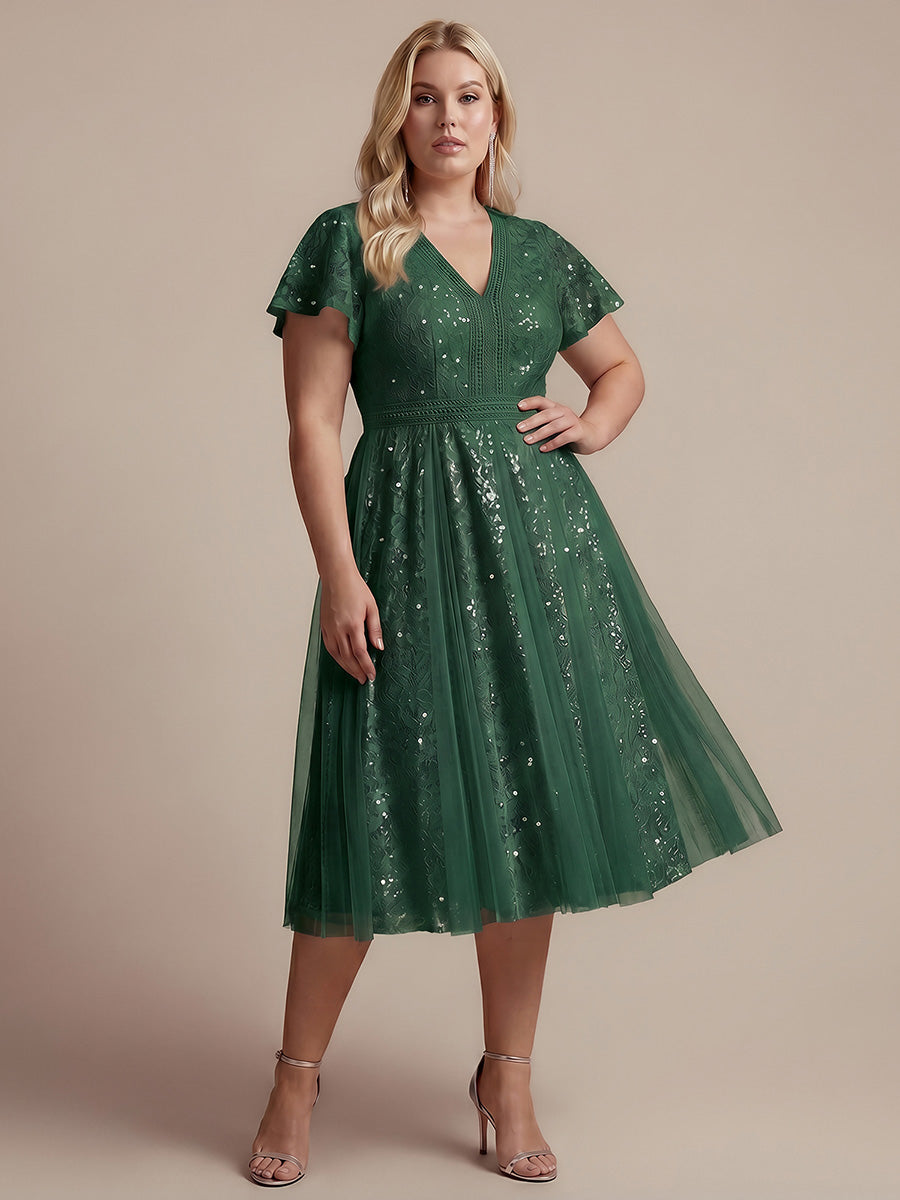 Plus Size Lace Ruffle Sleeve Wedding Guest Dress