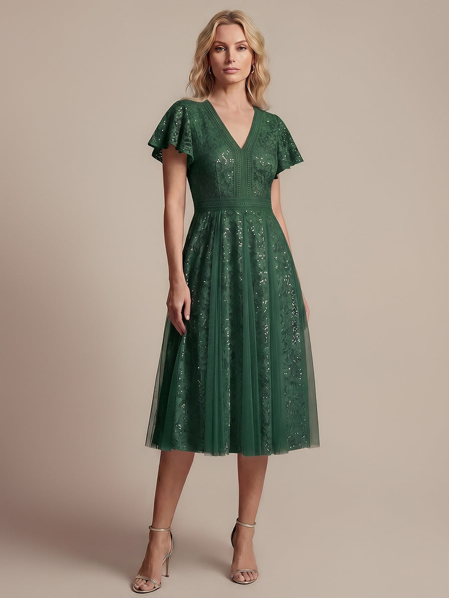 Lace Flutter Sleeve A-Line Wedding Guest Dress