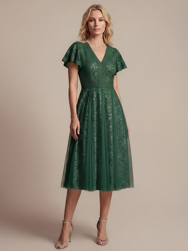 Lace Flutter Sleeve A-Line Wedding Guest Dress