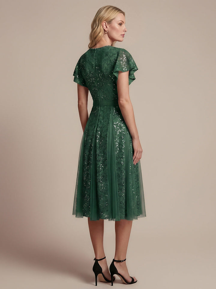 Lace Flutter Sleeve A-Line Wedding Guest Dress