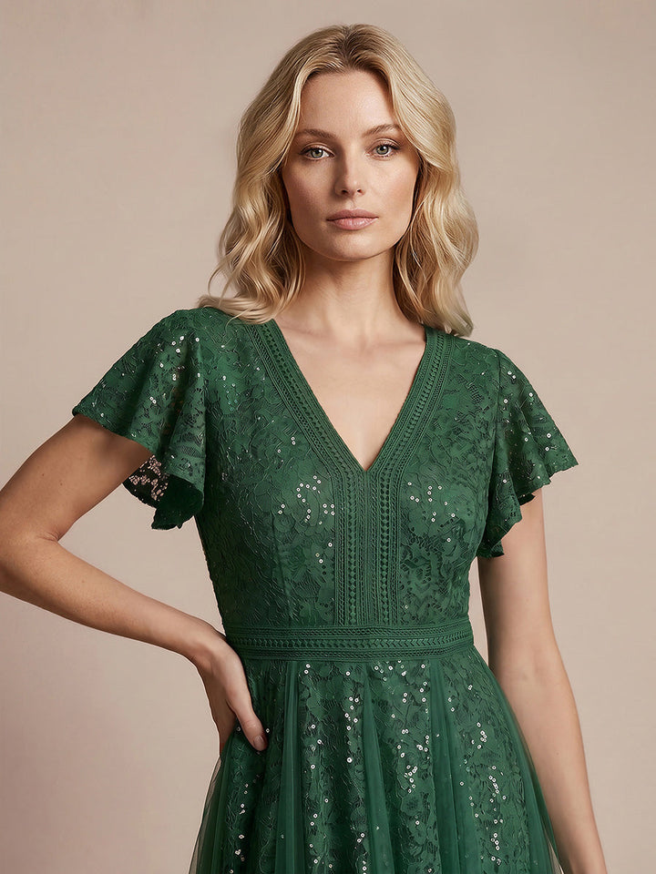 Lace Flutter Sleeve A-Line Wedding Guest Dress