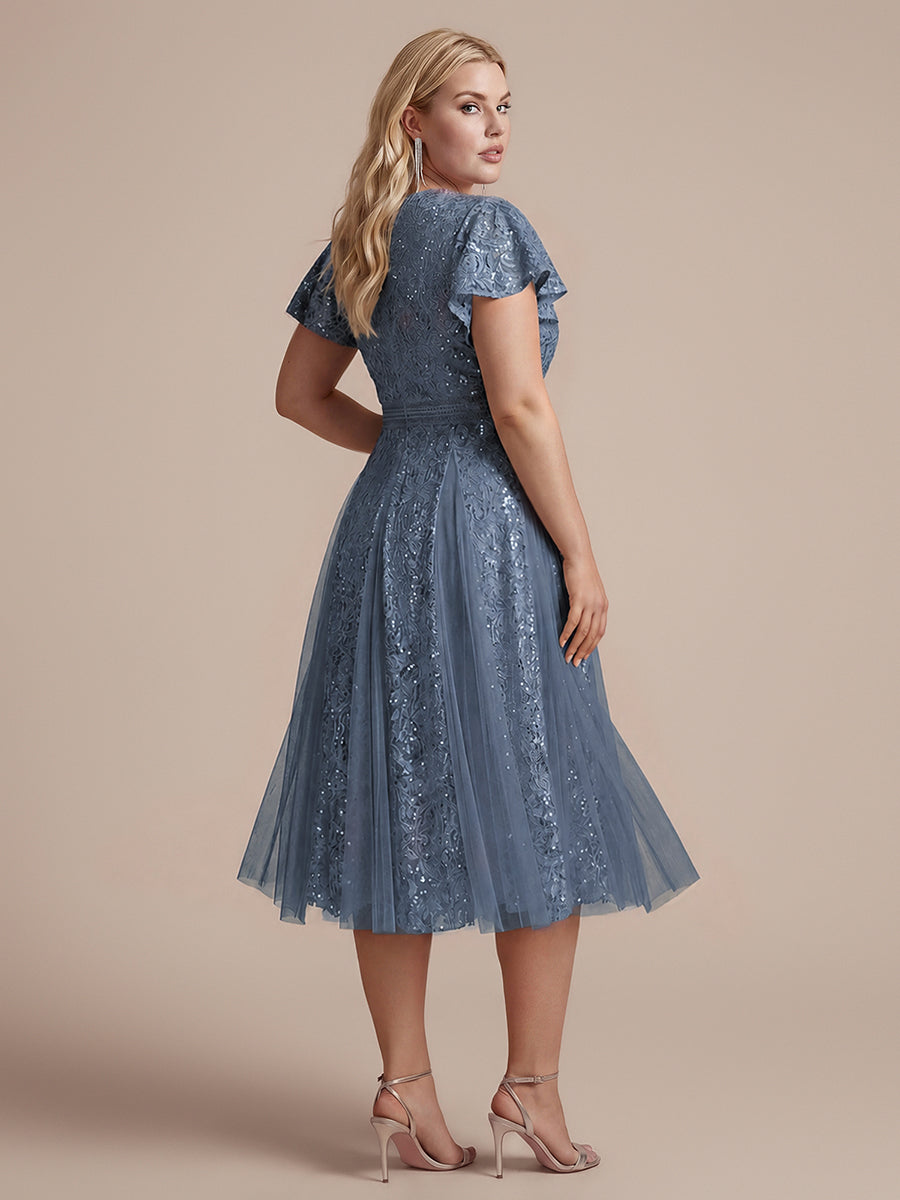 Plus Size Lace Ruffle Sleeve Wedding Guest Dress