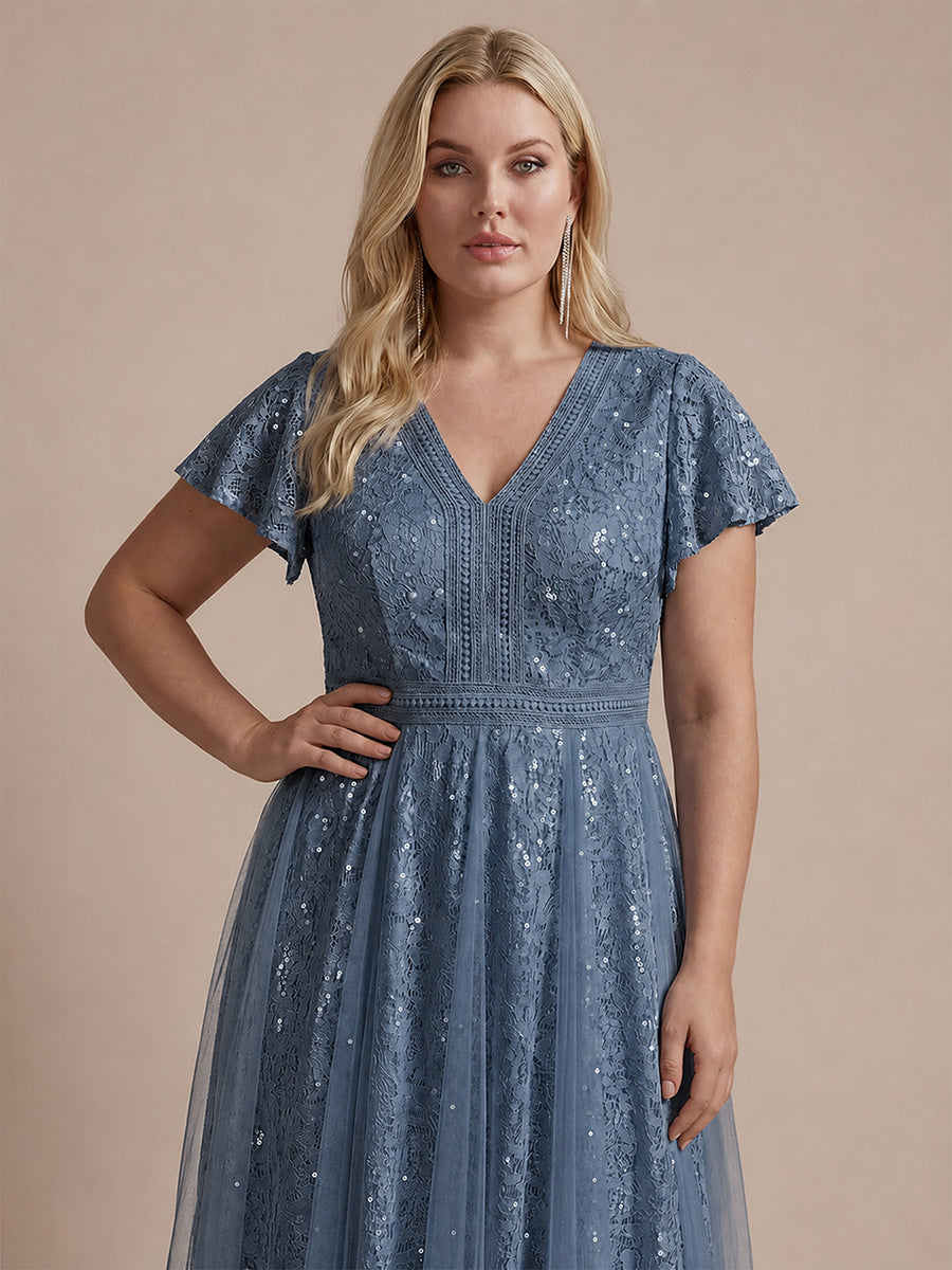 Plus Size Lace Ruffle Sleeve Wedding Guest Dress