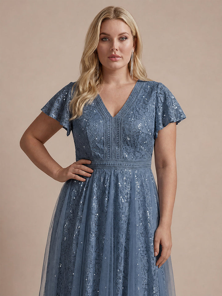Plus Size Lace Ruffle Sleeve Wedding Guest Dress