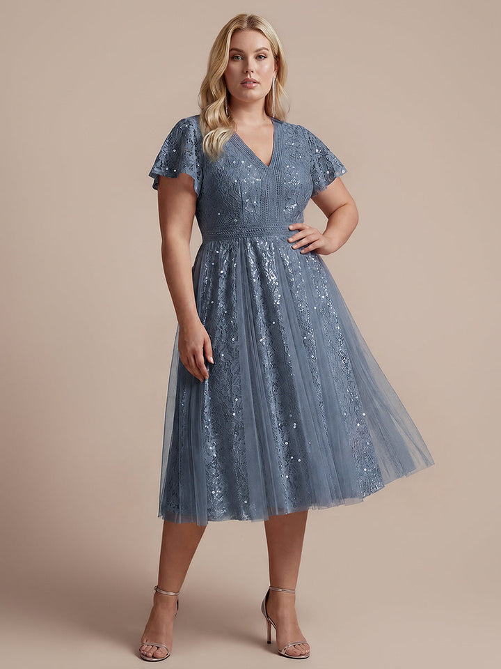 Plus Size Lace Ruffle Sleeve Wedding Guest Dress