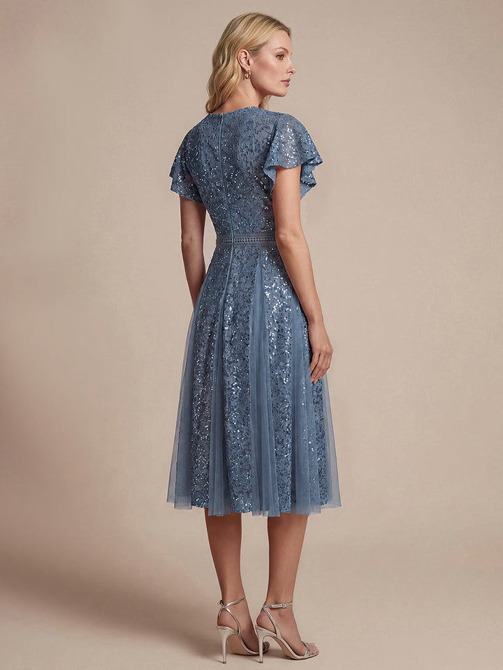 Lace Flutter Sleeve A-Line Wedding Guest Dress