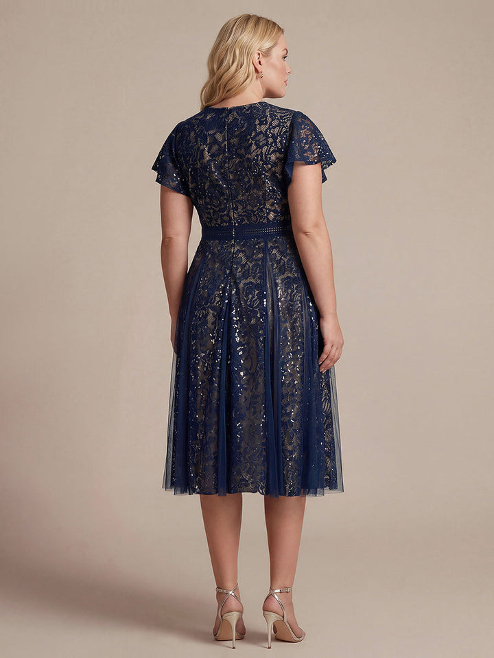 Lace Flutter Sleeve A-Line Wedding Guest Dress