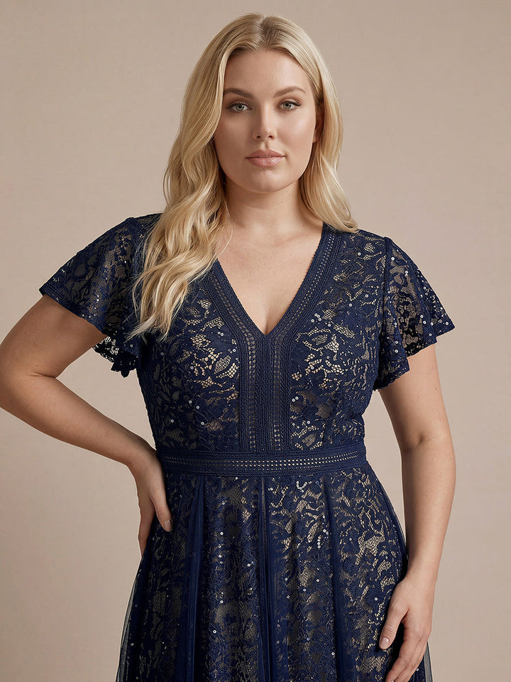 Plus Size Lace Ruffle Sleeve Wedding Guest Dress