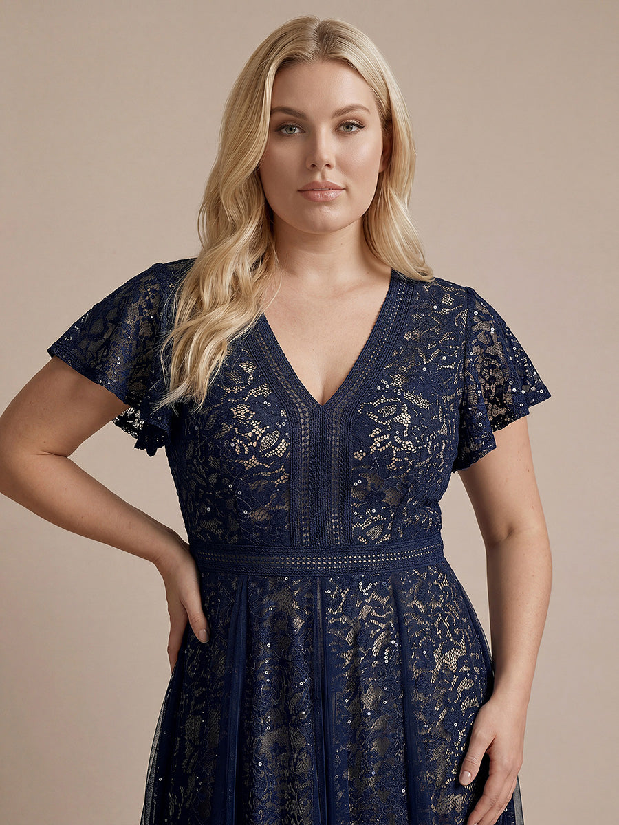 Lace Flutter Sleeve A-Line Wedding Guest Dress