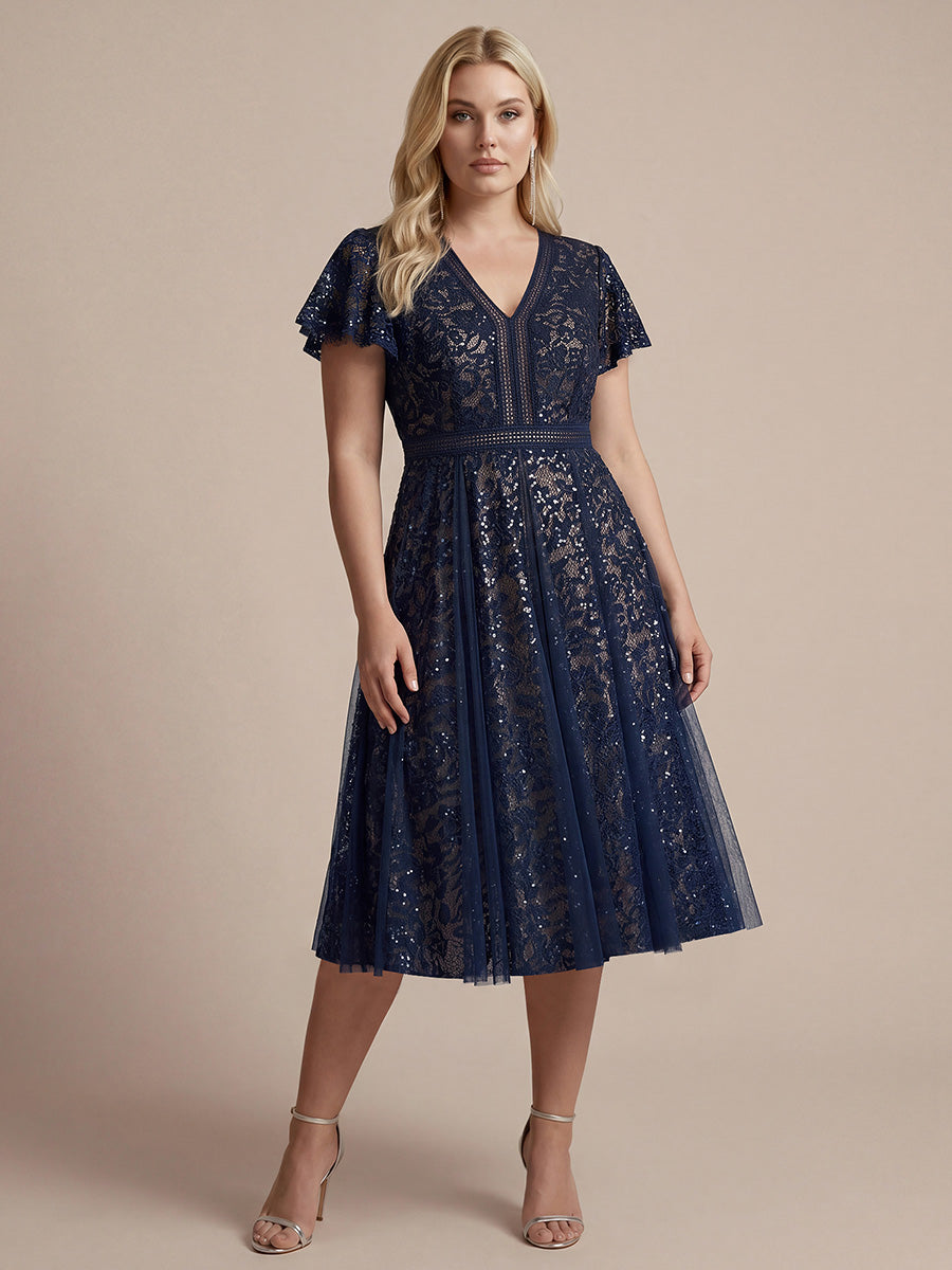 Lace Flutter Sleeve A-Line Wedding Guest Dress