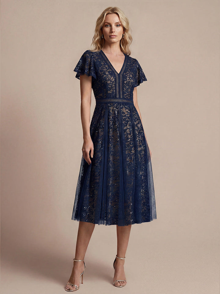 Lace Flutter Sleeve A-Line Wedding Guest Dress