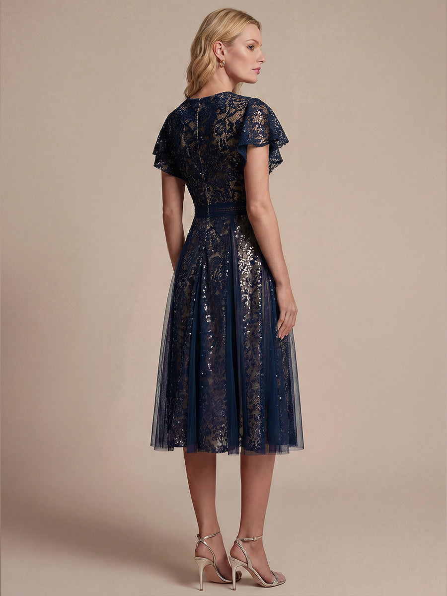Lace Flutter Sleeve A-Line Wedding Guest Dress