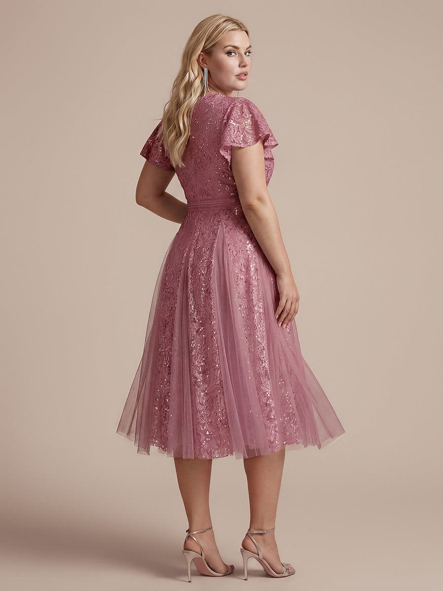 Lace Flutter Sleeve A-Line Wedding Guest Dress