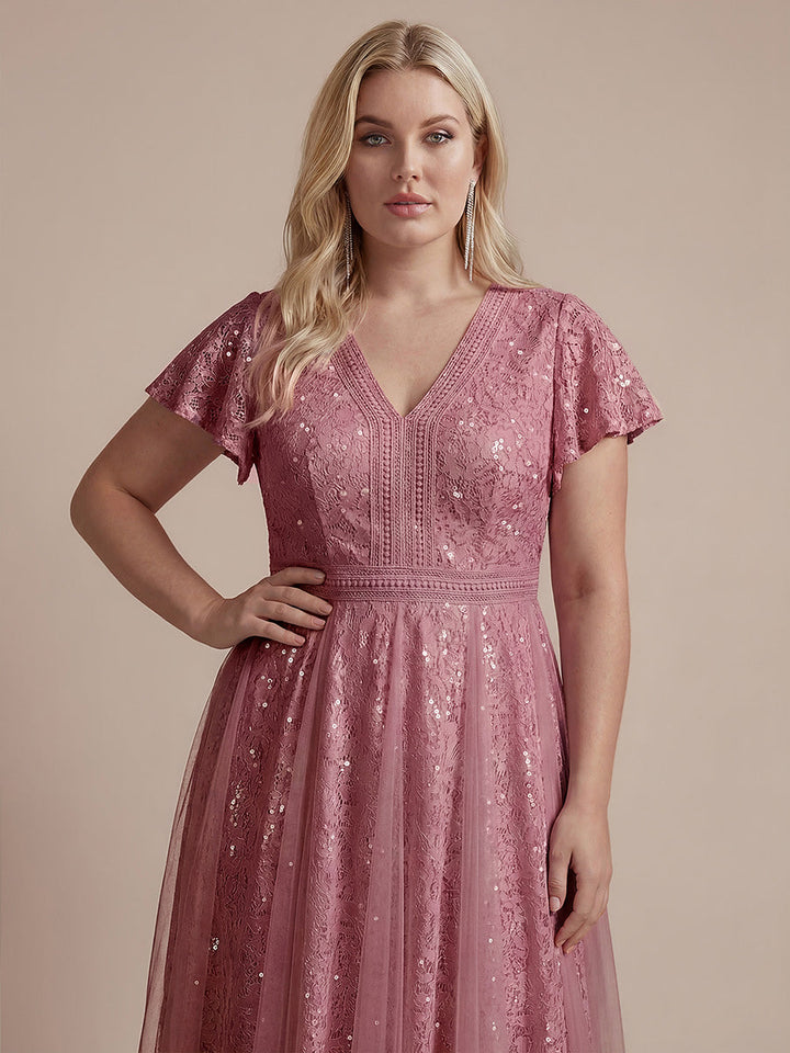 Plus Size Lace Ruffle Sleeve Wedding Guest Dress