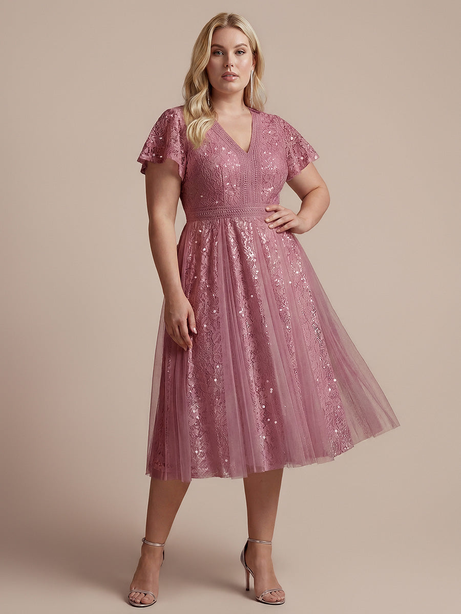 Lace Flutter Sleeve A-Line Wedding Guest Dress