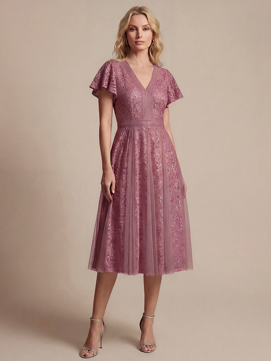 Lace Flutter Sleeve A-Line Wedding Guest Dress