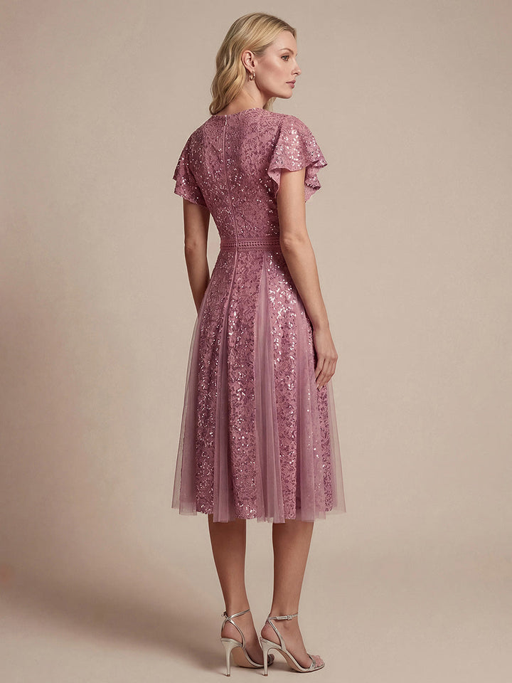 Lace Flutter Sleeve A-Line Wedding Guest Dress