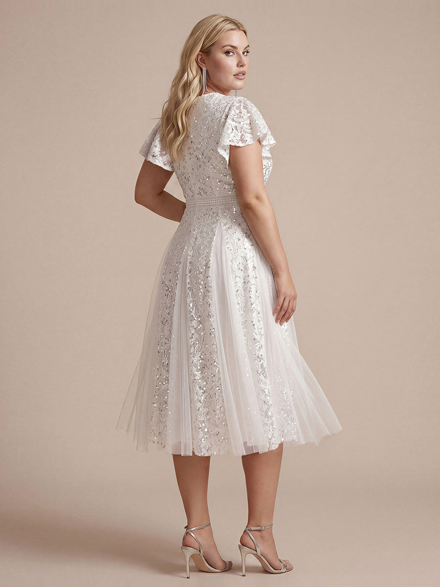 Plus Size Lace Ruffle Sleeve Wedding Guest Dress