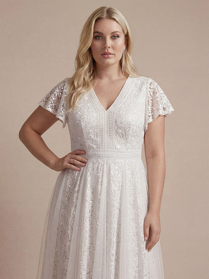 Plus Size Lace Ruffle Sleeve Wedding Guest Dress