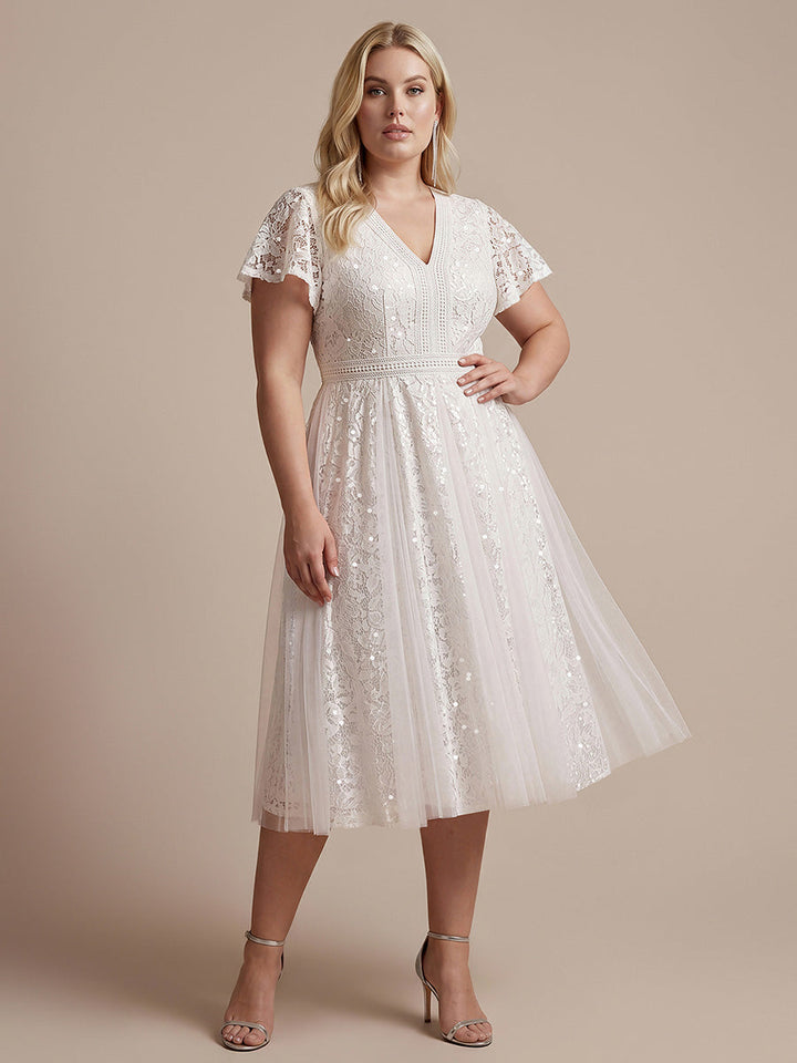 Lace Flutter Sleeve A-Line Wedding Guest Dress
