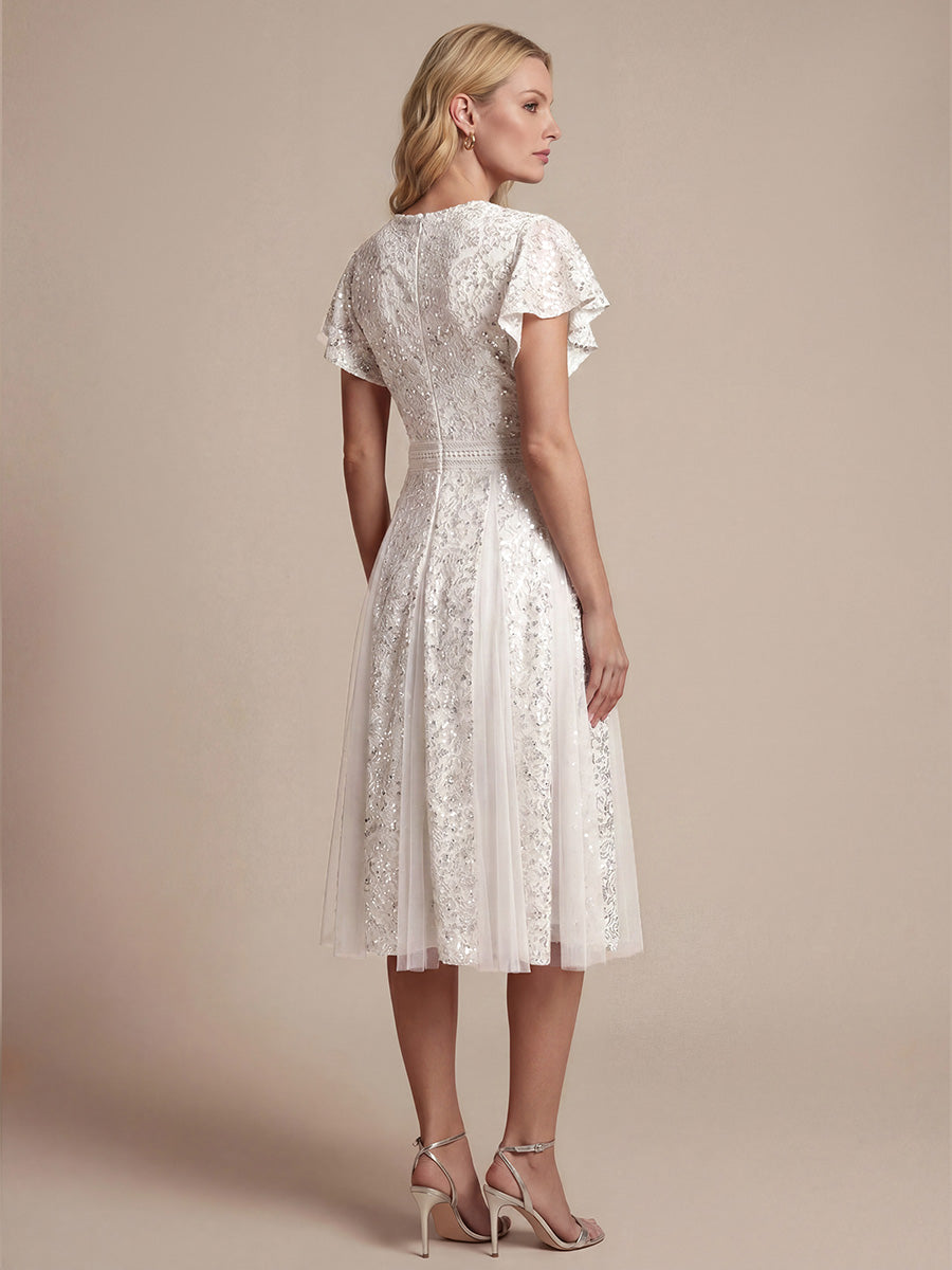 Lace Flutter Sleeve A-Line Wedding Guest Dress