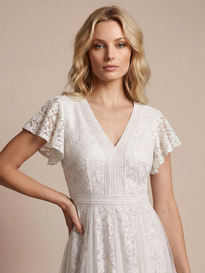 Lace Flutter Sleeve A-Line Wedding Guest Dress