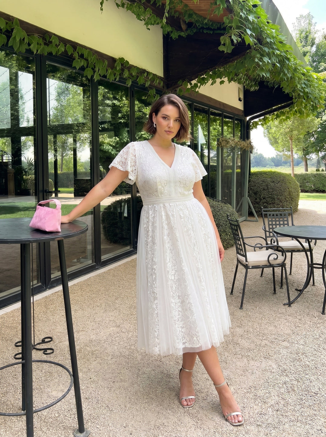 Plus Size Lace Ruffle Sleeve Wedding Guest Dress