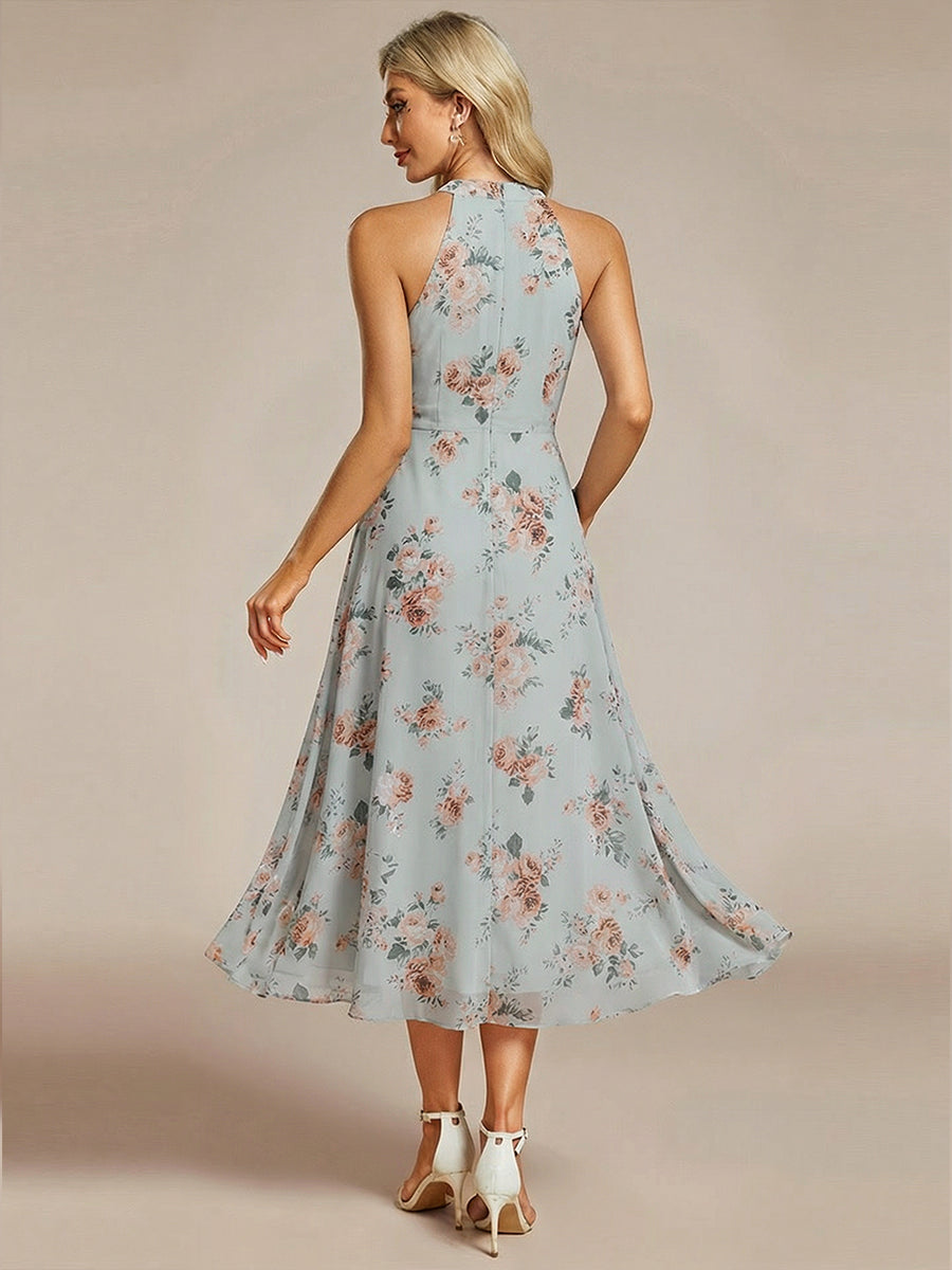 ever POSIE|Midi Halter Neck Chiffon Wedding Guest Dress with Sleeveless and A-Line