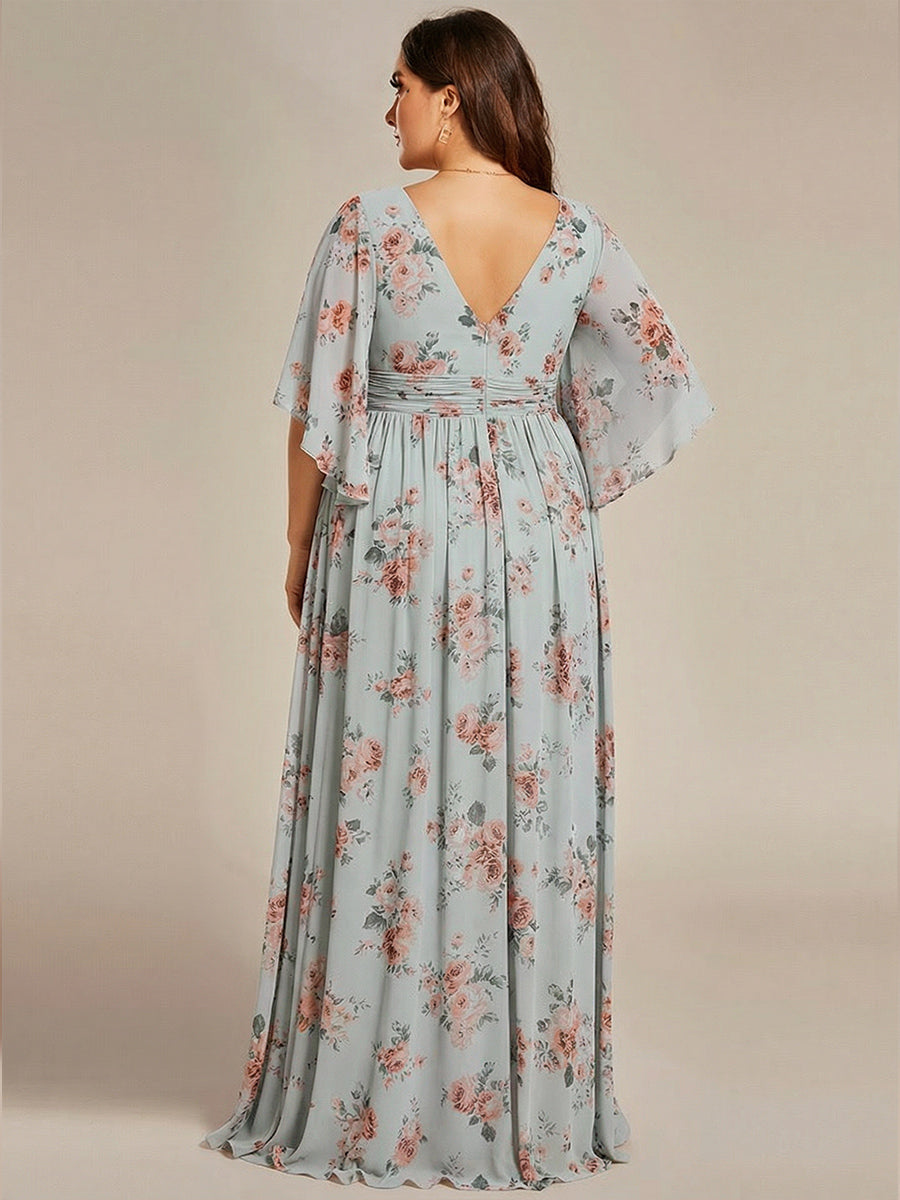 pretty ELYAN|Plus Size Printed Half Sleeve Pleated A-Line Chiffon Wedding Guest Dress
