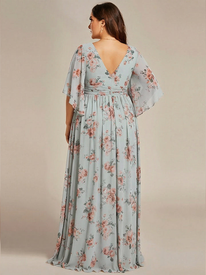 ever ELYAN|Half Sleeve V-Neck Pleated High Slit A-Line Chiffon Bridesmaid Dress